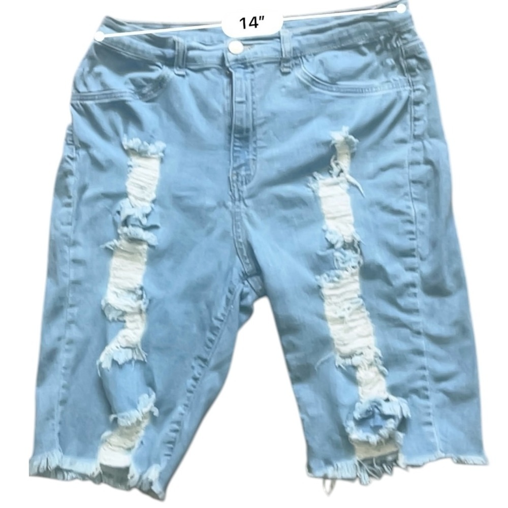 Encore Jeans denim light blue raw hem distressed shorts 1X ripped detail stretch - Picture 12 of 13